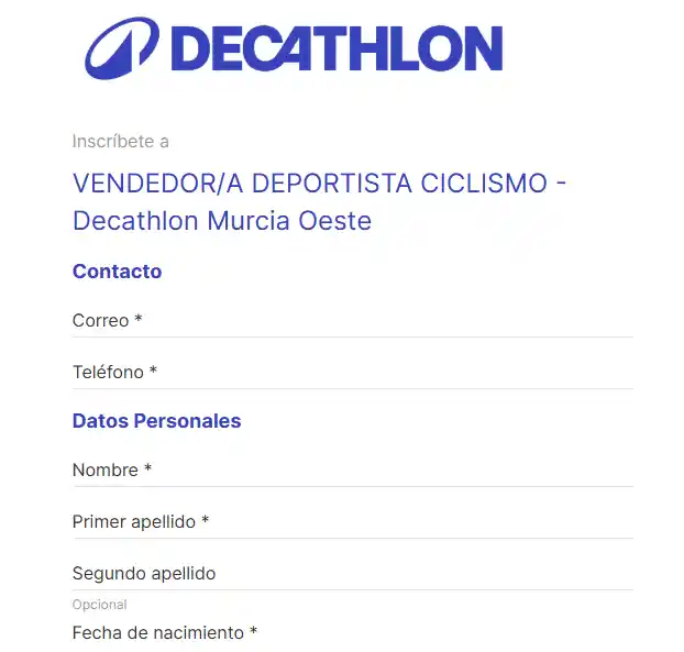 Formulario de solicitud de ofertas de empleo Decathlon