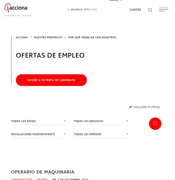 Página de empleos ofrecidos por Acciona en España