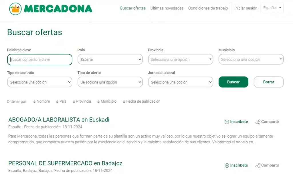 Página de empleos ofrecidos por Mercadona