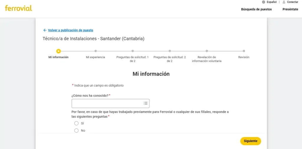 Postulando a puestos de trabajo en Ferrovial